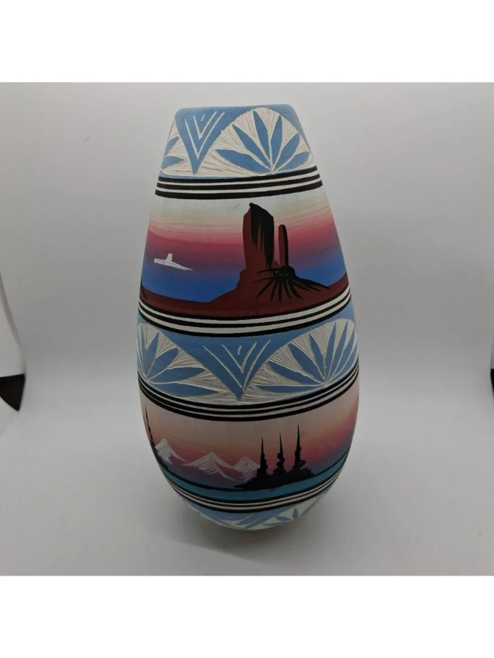 Navajo Pottery Vase Southwest Desert Landscape & Etched Pastel Signed